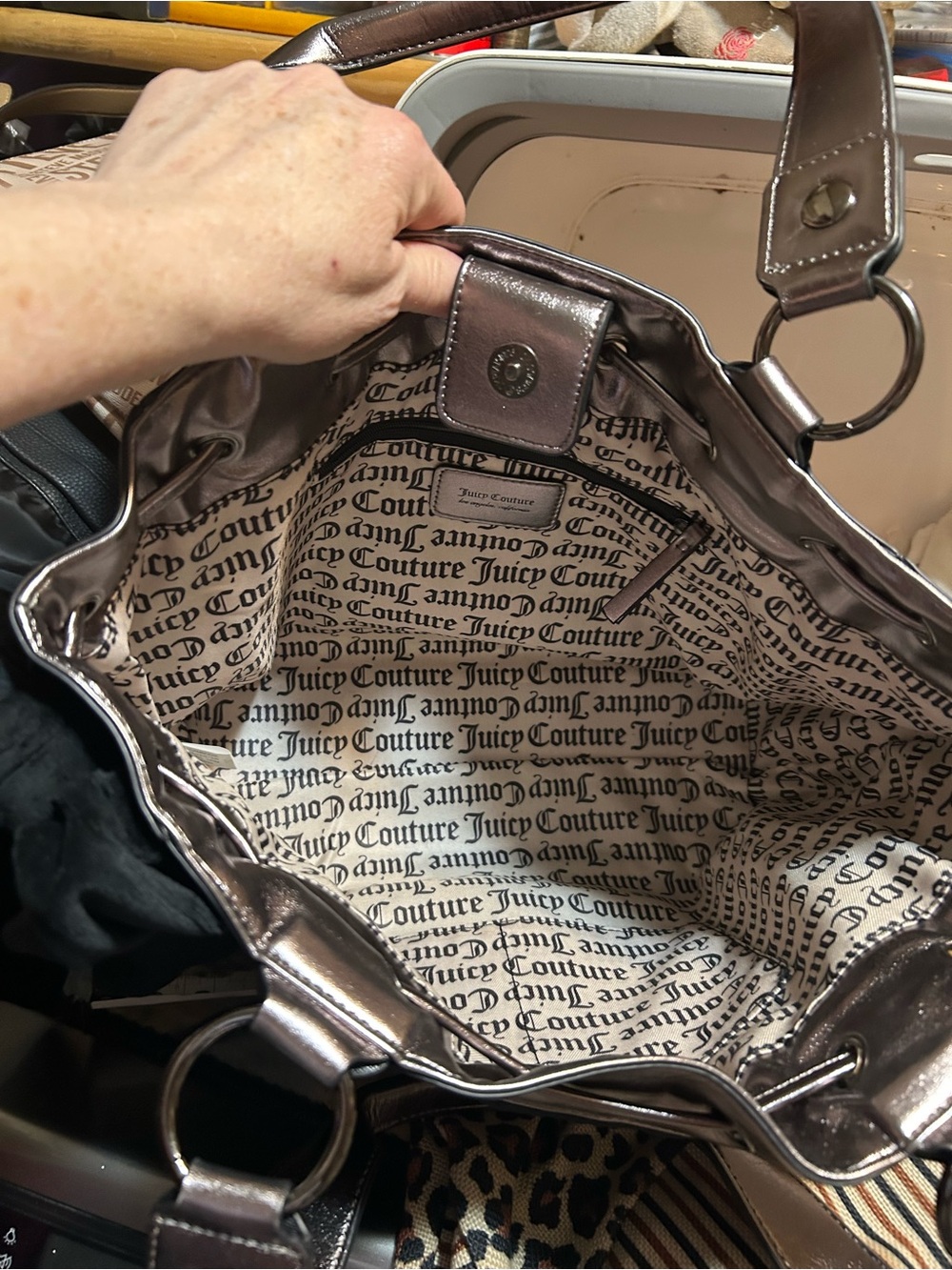 Juicy Couture Metallic Taupe Shoulder Tote with Printed Logo Lining